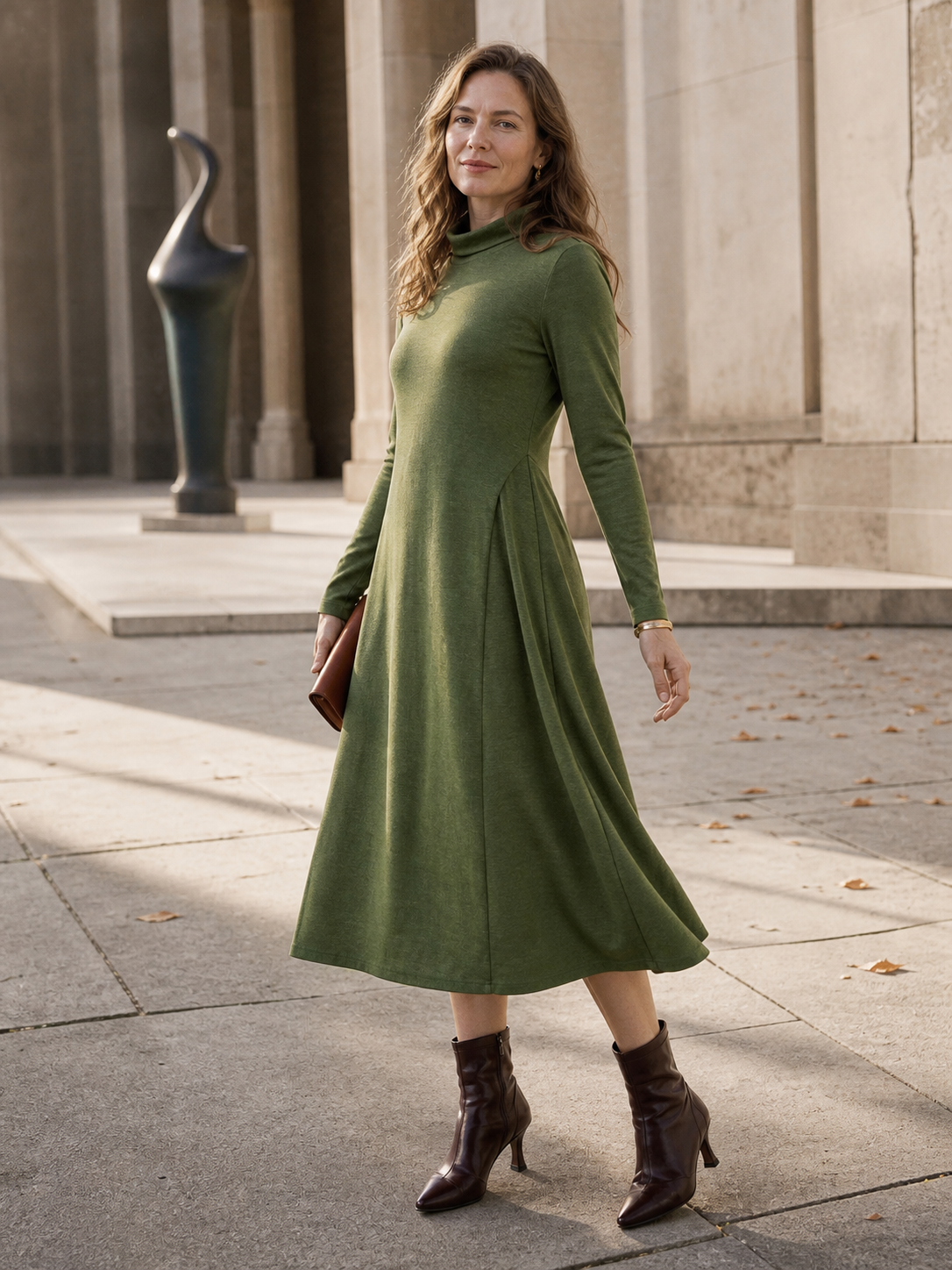 Wool Sculpted Pleats Turtleneck Midi Dress BRIAR LINTICO