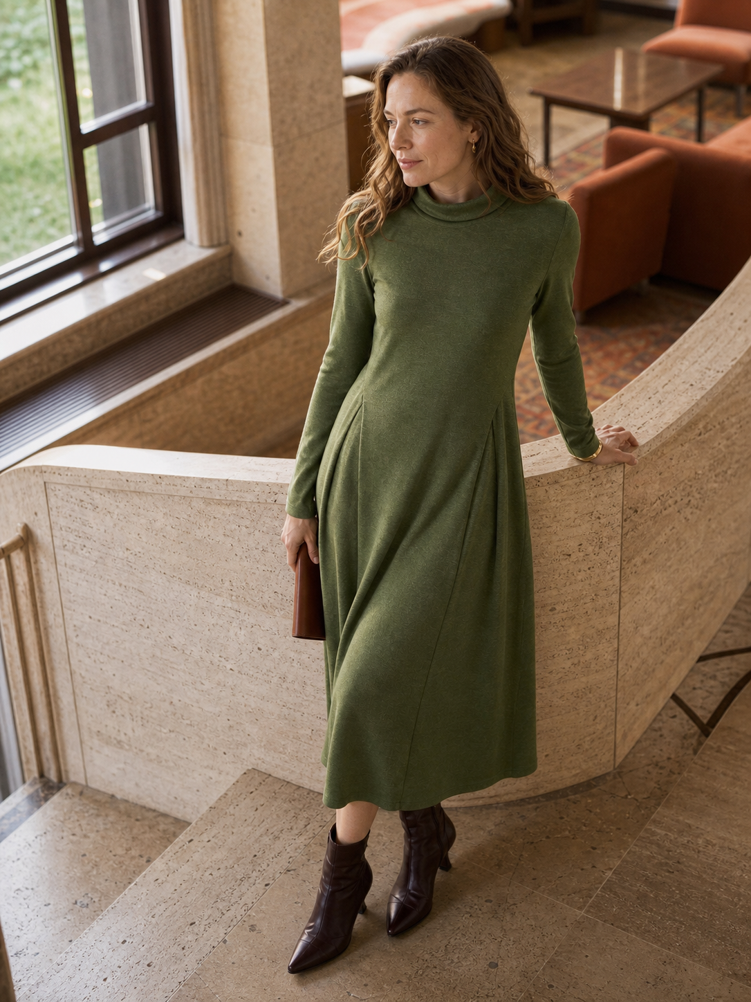 Wool Sculpted Pleats Turtleneck Midi Dress BRIAR LINTICO