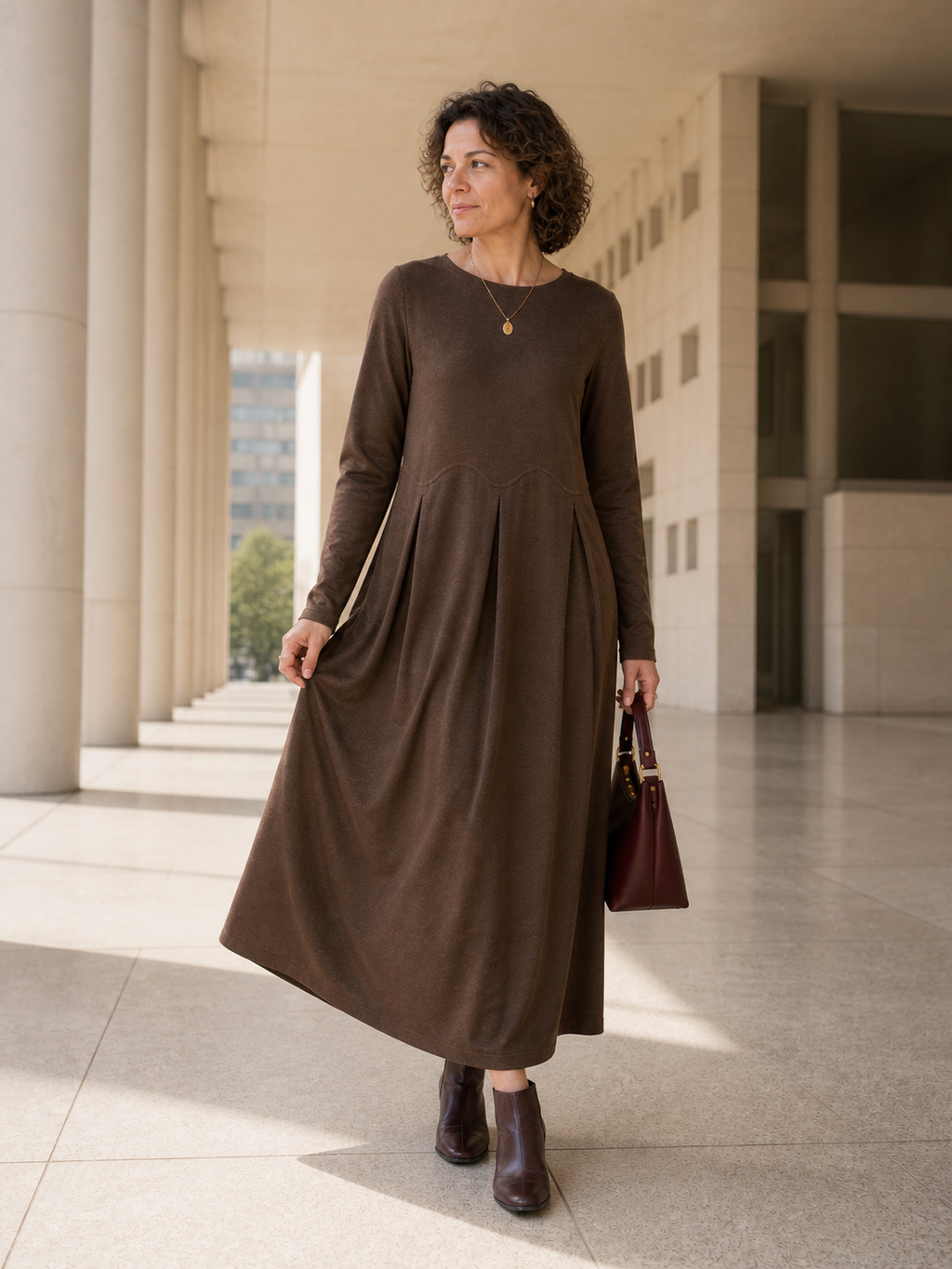 Wool Arc-Panel Sculpted Pleats Midi Dress CALISTA LINTICO