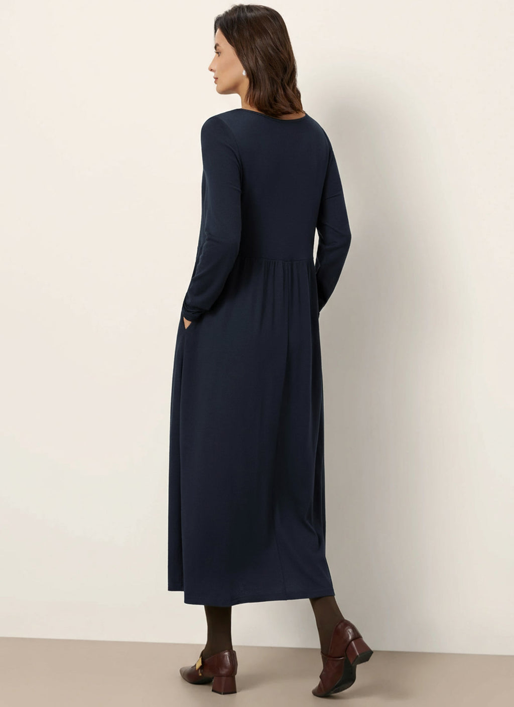 Wool Layered Neck Pleated Midi Dress BILLIE LINTICO
