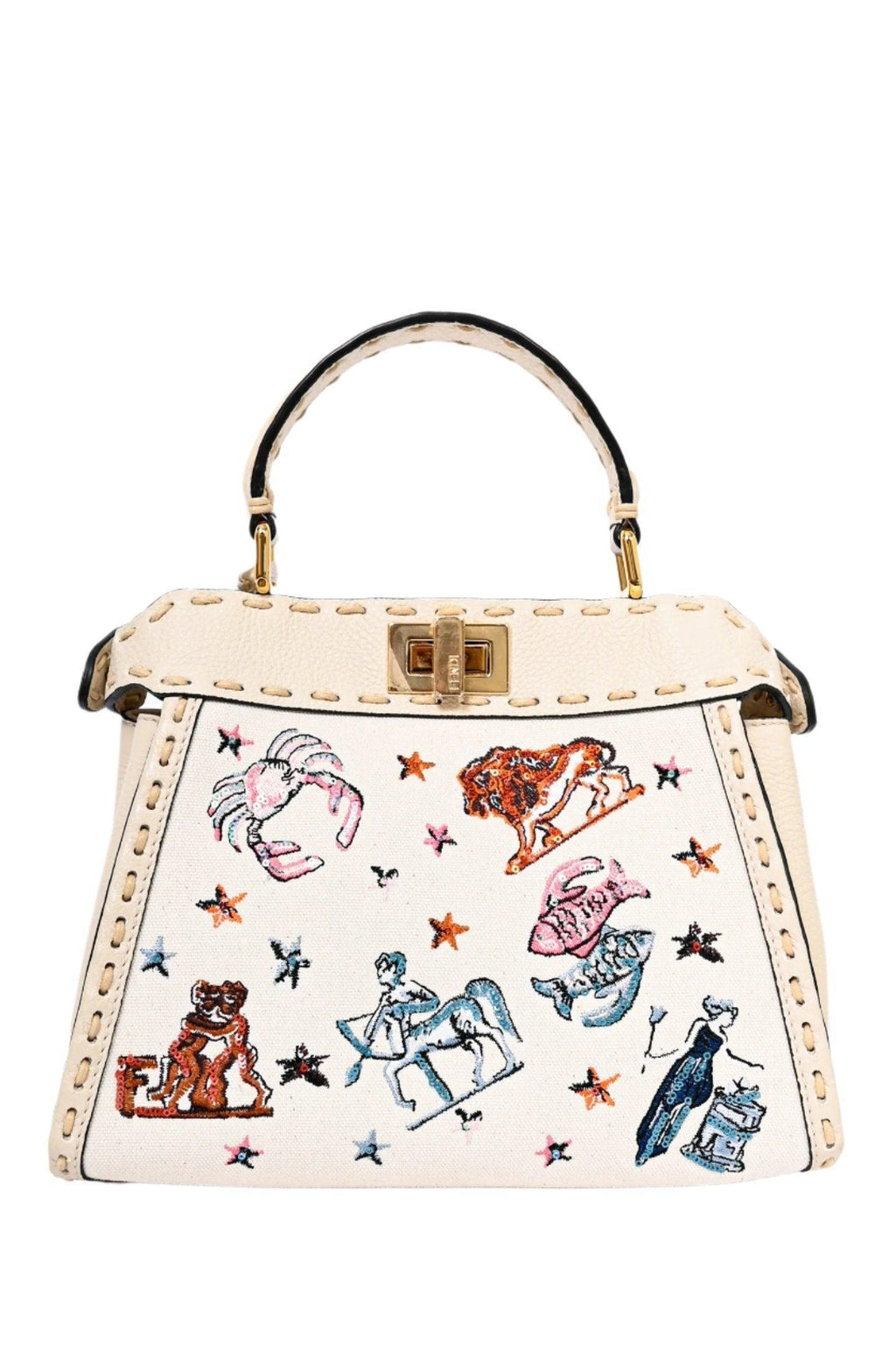 Fendi Cream Leather Astrology Embroidered Canvas Mini Peekaboo Top Handle