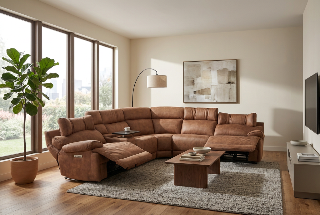 MaxView Media Mocha 6-Piece Power Reclining Sectional with Immersive Sound System Ornate Furniture