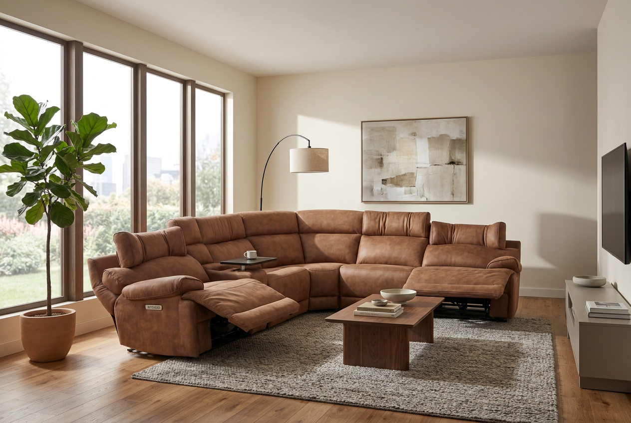 MaxView Media Mocha 6-Piece Power Reclining Sectional with Immersive Sound System Ornate Furniture