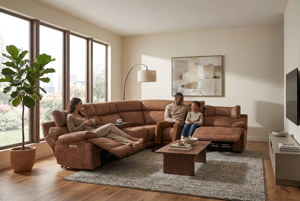 MaxView Media Mocha 6-Piece Power Reclining Sectional with Immersive Sound System Ornate Furniture
