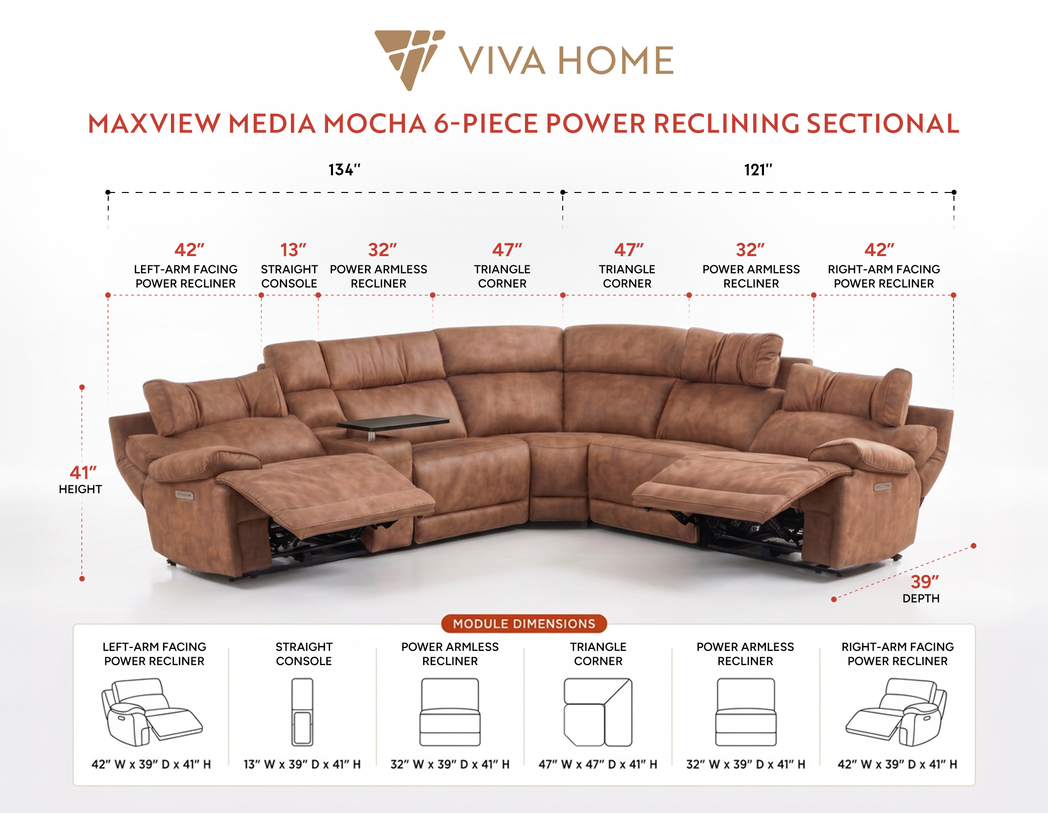 MaxView Media Mocha 6-Piece Power Reclining Sectional with Immersive Sound System Ornate Furniture