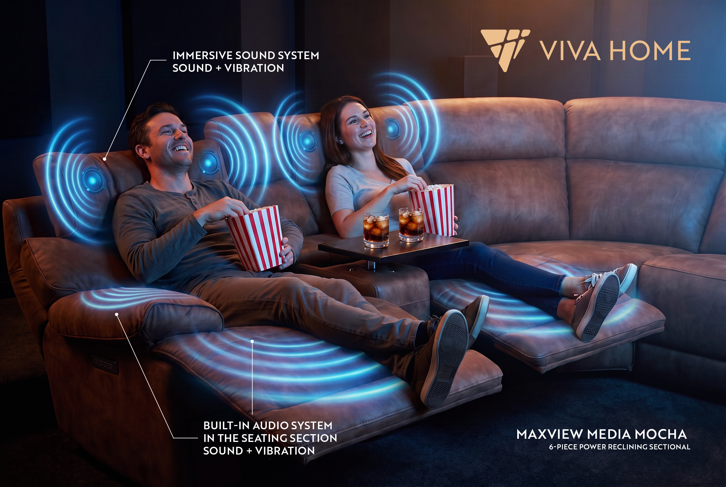 MaxView Media Mocha 6-Piece Power Reclining Sectional with Immersive Sound System Ornate Furniture