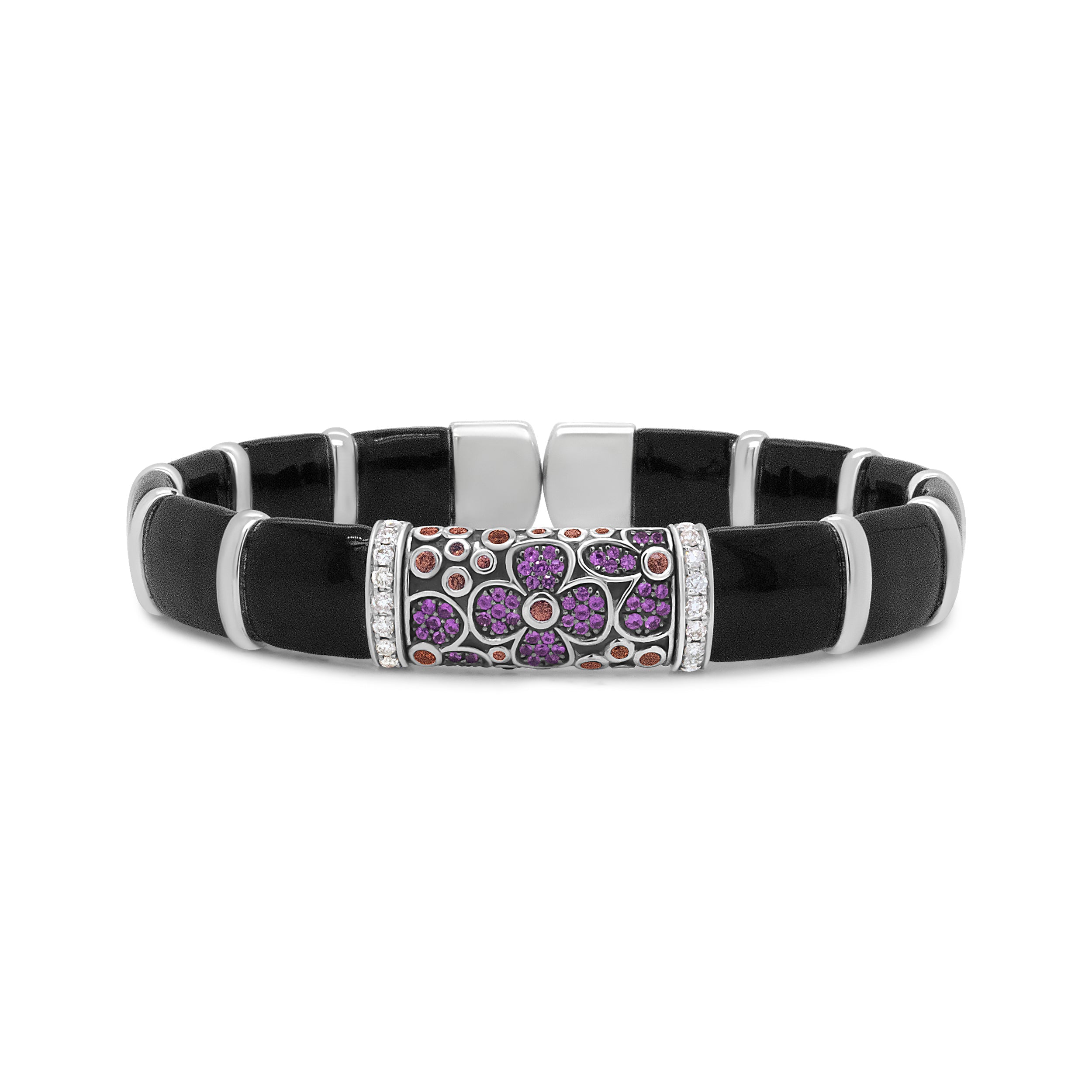 .925 Sterling Silver Black and Brown Enamel 1/3 Cttw Round Diamonds and Pink and Orange Sapphire Gemstones Floral Statement Bangle Bracelet (F-G Color, VS1-VS2 Clarity) - Size 7.75" Bids.com