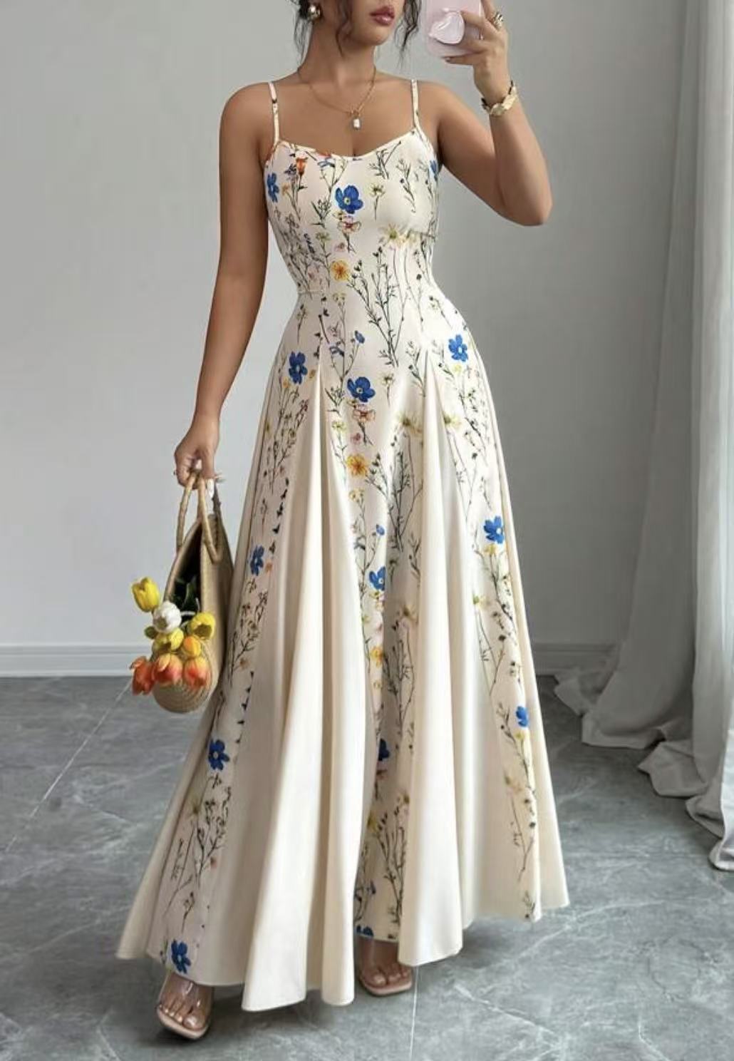 Summer Printed Waist Controlled Splicing Sling Maxi Dress Women Elegant Floral Dress Bella Mia