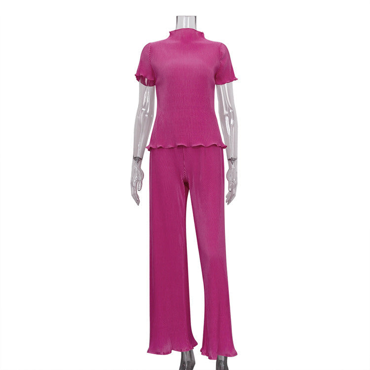 Spring Slimming T shirt High Waist Blue Pleated Wide Leg Pants Casual Women Clothing Fashion Suit Bella Mia