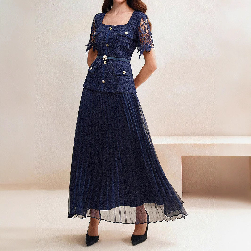 Summer Short Sleeve Dress Women High Grade Heavy Industry Beads Metal Buckle Square Collar Lace Stitching Bella Mia