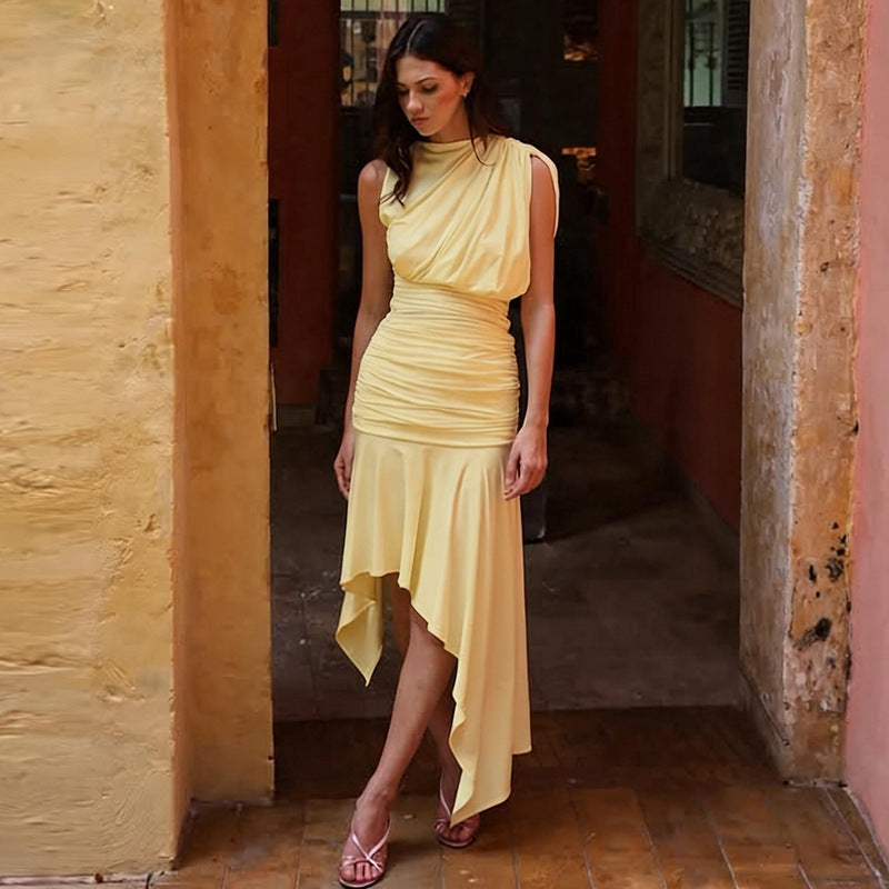 Women Clothing Summer Sleeveless Pleated Waist Tight Slimming Irregular Asymmetric Dress Bella Mia