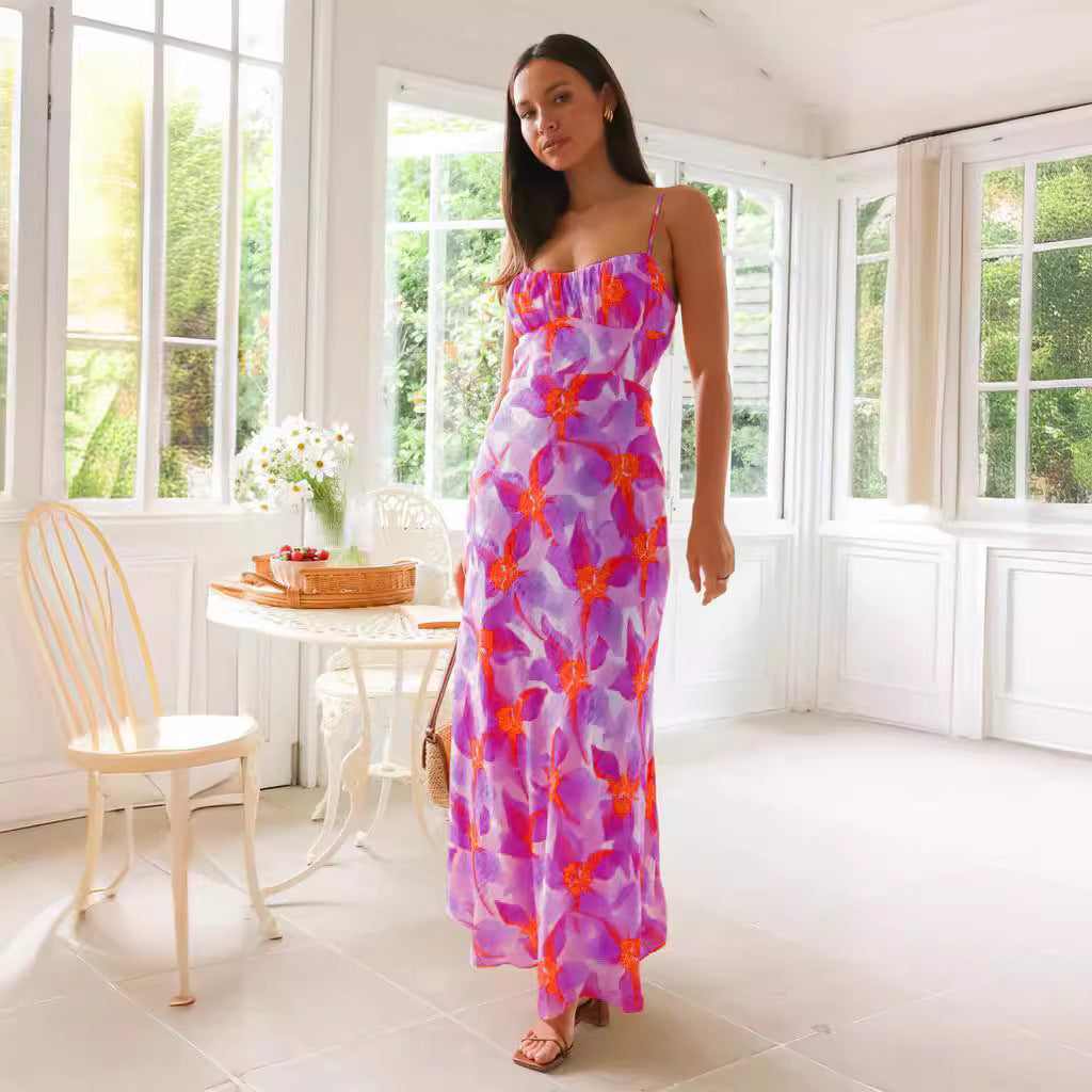 Fresh Sweet Summer Floral Print Backless Mid Length Dress Bella Mia