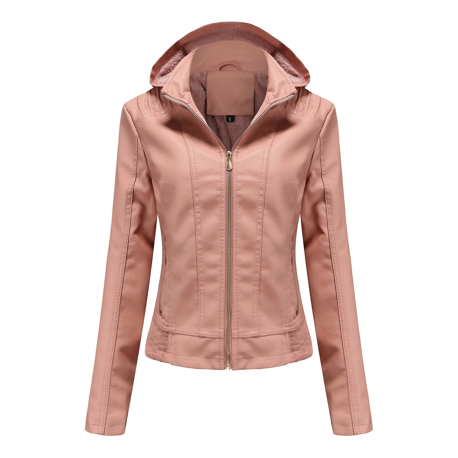 Fall Winter Hooded Leather Coat Women's Detachable Hat Long Sleeve Zipper Fleece-Lined Leather Jacket Slim Coat Wanita Store