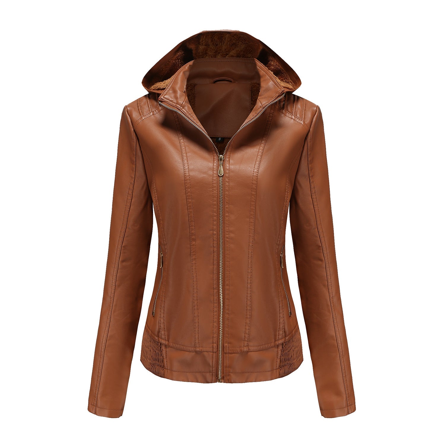Fall Winter Hooded Leather Coat Women's Detachable Hat Long Sleeve Zipper Fleece-Lined Leather Jacket Slim Coat Wanita Store
