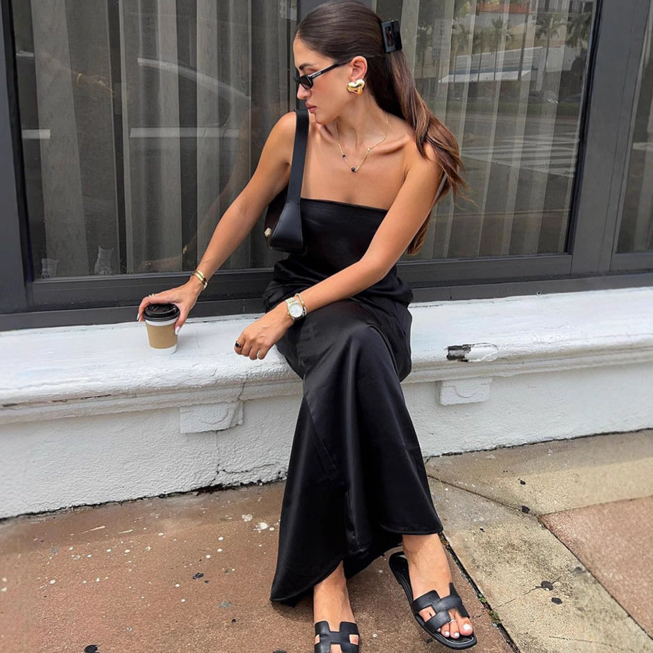 Black Sexy Tube Top Satin High Waist Loose Dress Summer Dress Women Bella Mia