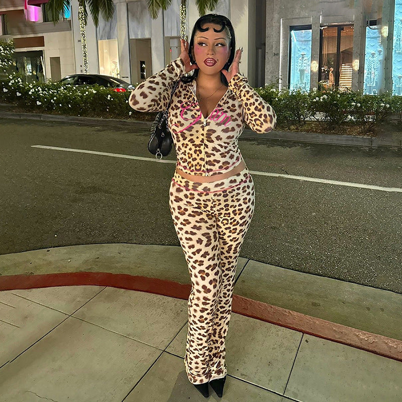 Summer Pattern Print Hooded Cardigan Top Leopard Print High Waist Tight Trousers Suit Women
