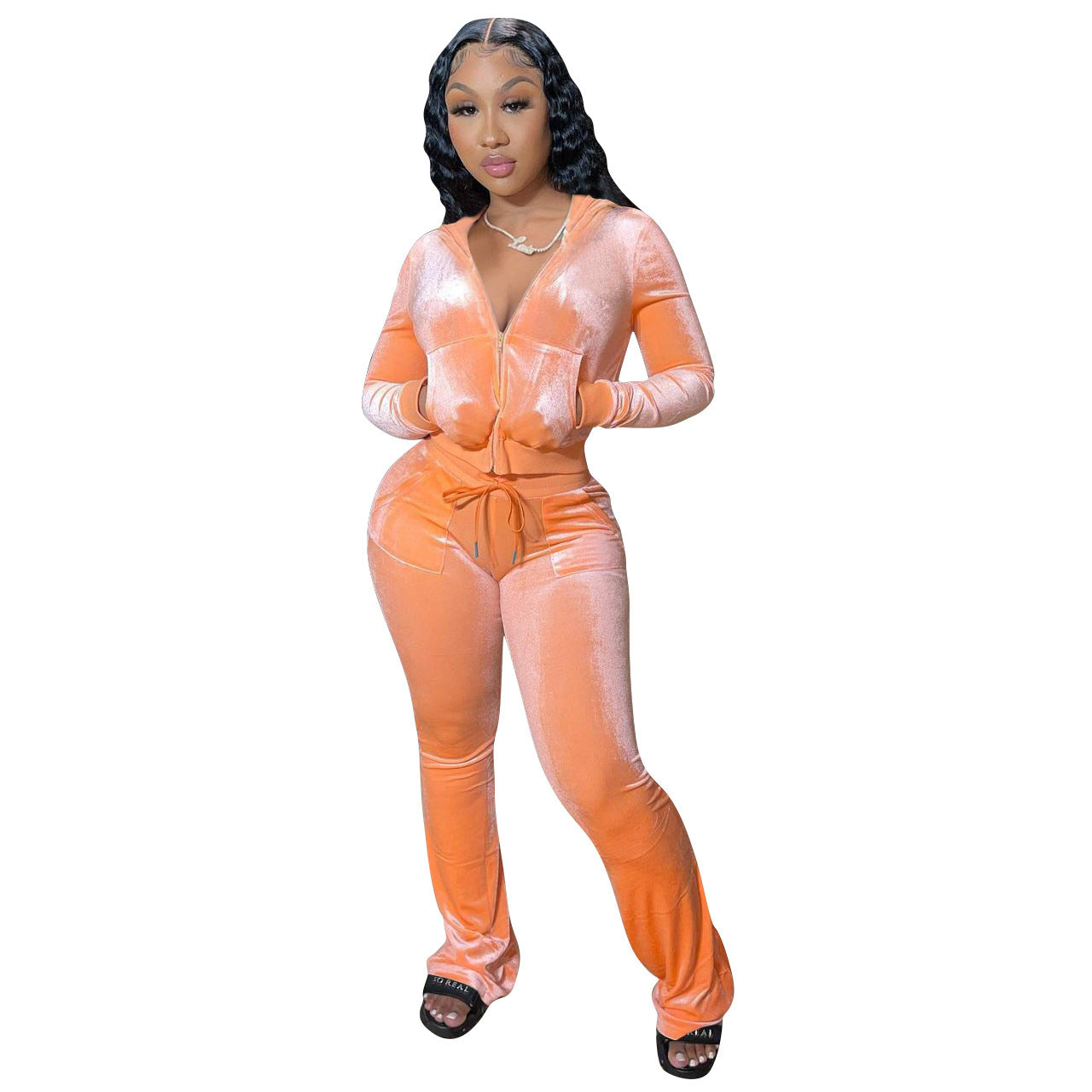 Women Clothing New Solid Color Gold Velvet Casual Hat Wide Leg Pants Two-Piece Set Wanita Store