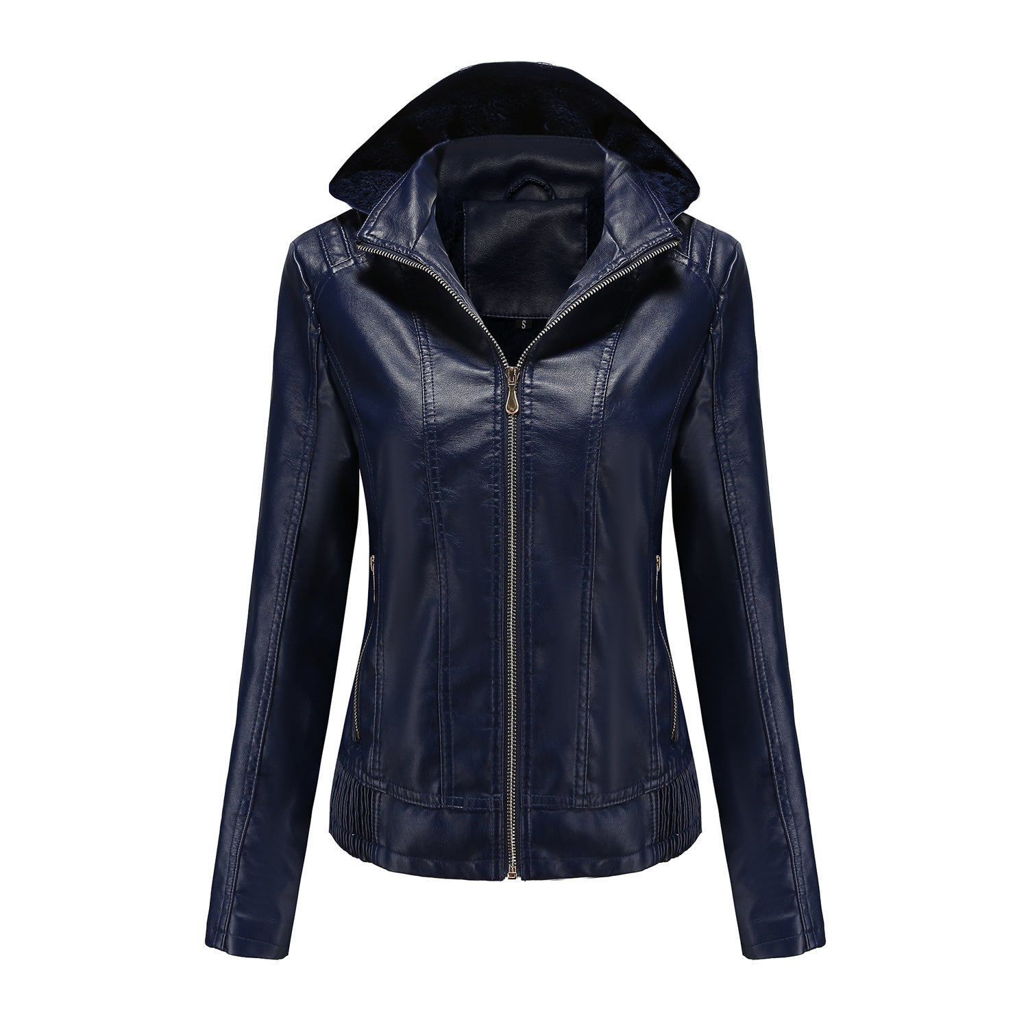 Fall Winter Hooded Leather Coat Women's Detachable Hat Long Sleeve Zipper Fleece-Lined Leather Jacket Slim Coat Wanita Store