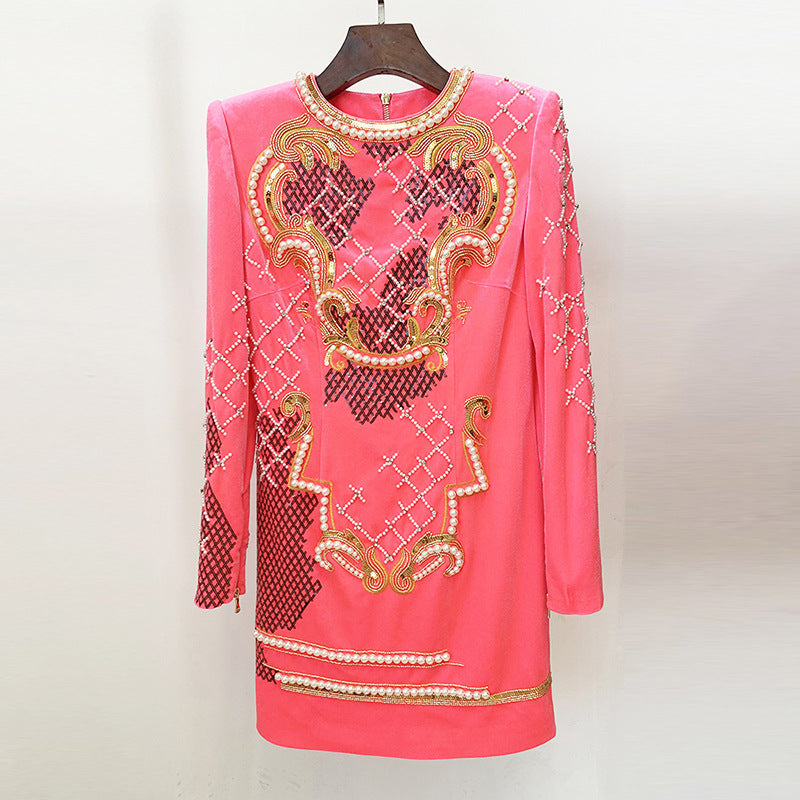 Autumn Winter Heavy Industry Embroidery Sequined Diamonds Bead Long Sleeve Gold Velvet Sheath Dress Wanita Store