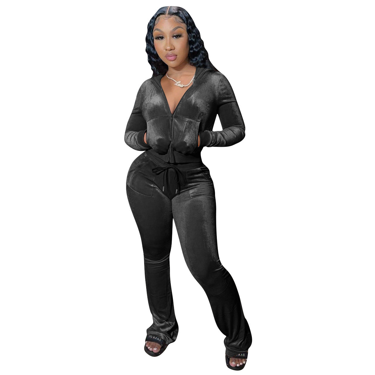 Women Clothing New Solid Color Gold Velvet Casual Hat Wide Leg Pants Two-Piece Set Wanita Store