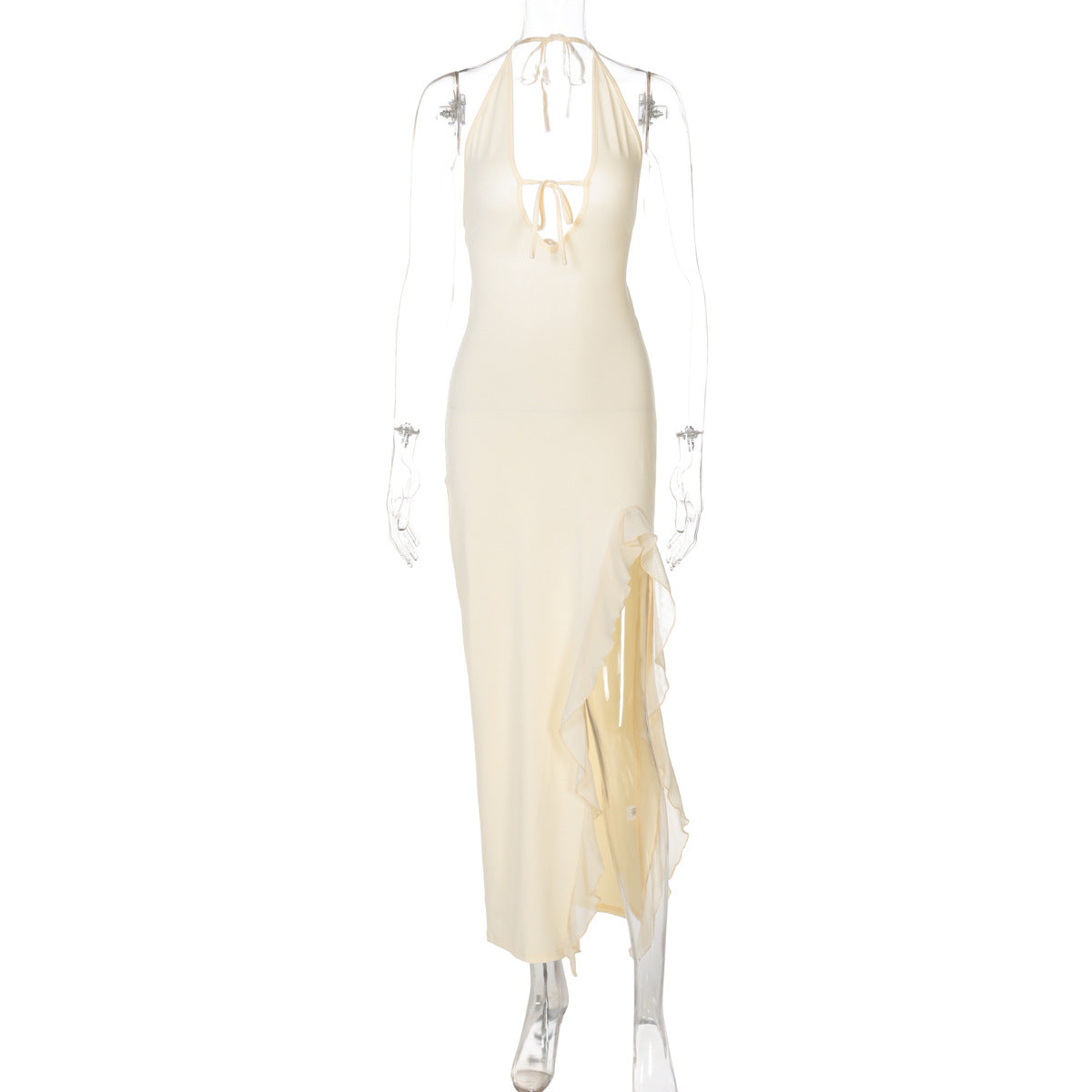 Women Clothing Winter Ruffled Sexy V neck Lace up Backless Dress
