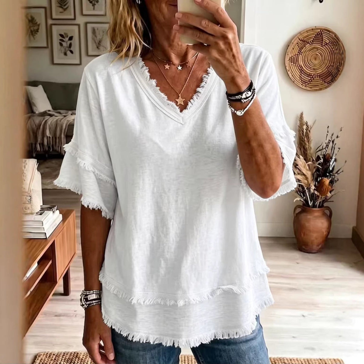 V neck Pullover Short Sleeve Loose Women Shirt Casual Women Tops Wanita Store