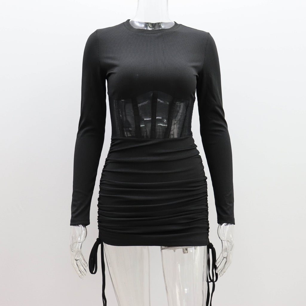 Mesh Hollow Out Cutout Waist Dress for Women Spring Summer Women Wear round Neck Sexy Long Sleeve Pleating Short Dress for Women Bella Mia