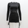 Mesh Hollow Out Cutout Waist Dress for Women Spring Summer Women Wear round Neck Sexy Long Sleeve Pleating Short Dress for Women Bella Mia