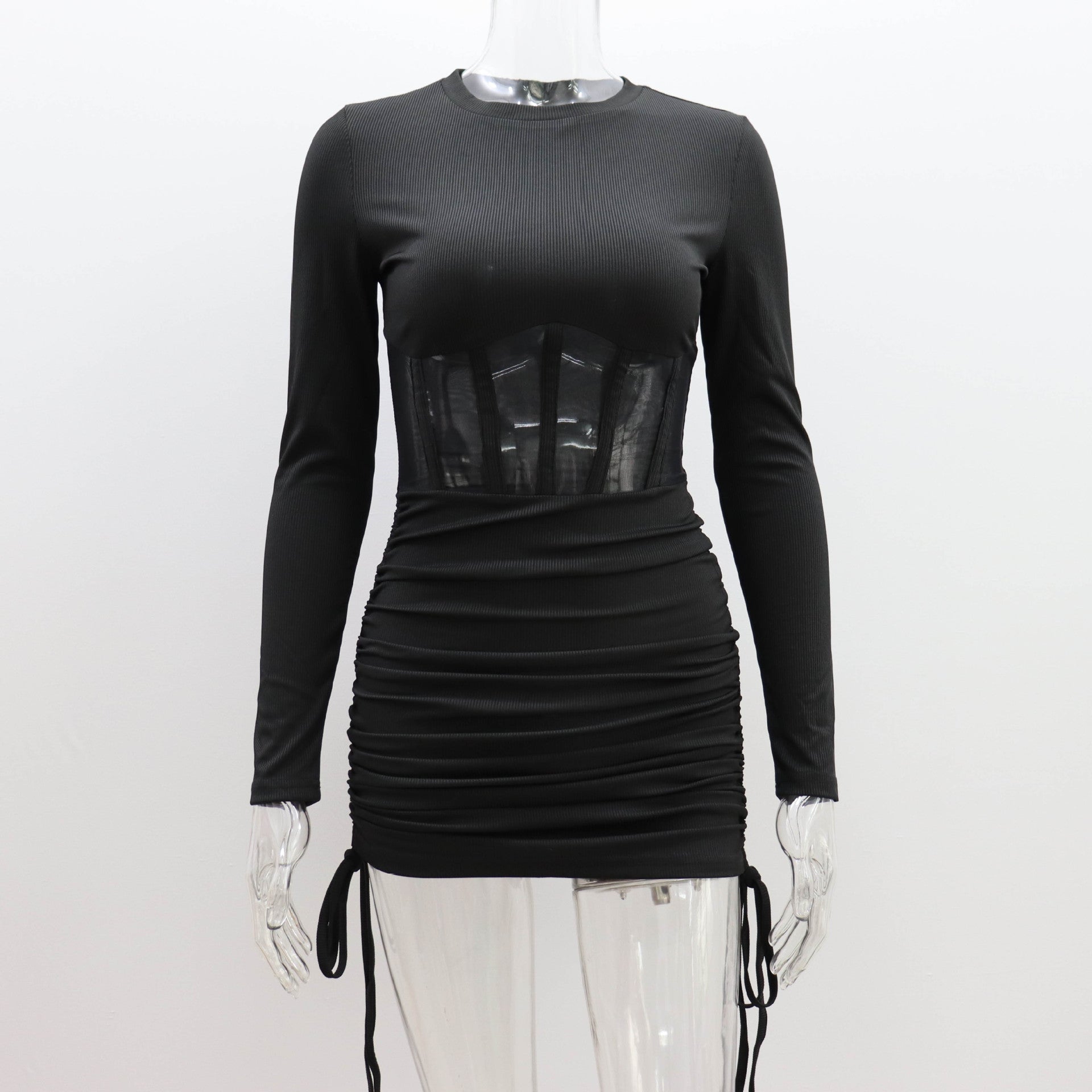 Mesh Hollow Out Cutout Waist Dress for Women Spring Summer Women Wear round Neck Sexy Long Sleeve Pleating Short Dress for Women Bella Mia