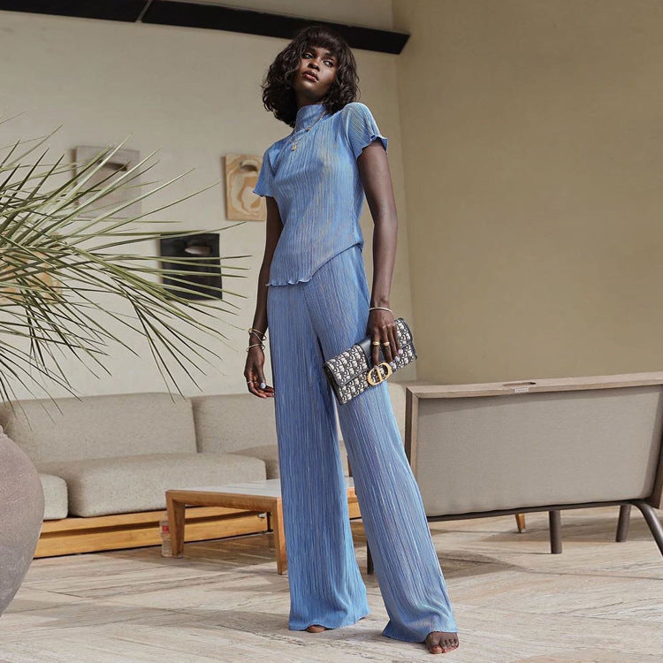 Spring Slimming T shirt High Waist Blue Pleated Wide Leg Pants Casual Women Clothing Fashion Suit Bella Mia