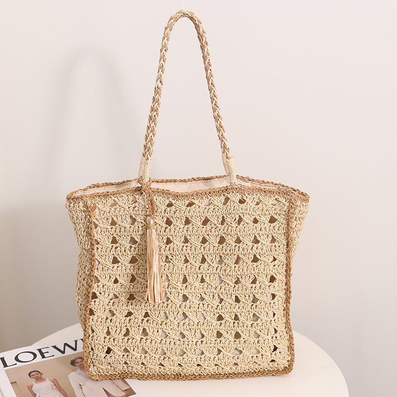 Square Tassel Shoulder Straw Bag Fresh Hollow Out Cutout Handmade Straw Bag Woven Bag Women Seaside Vacation Beach Bag Wanita Store