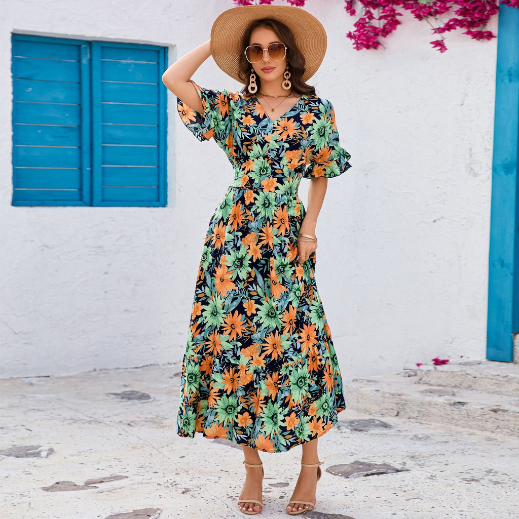 Summer V neck Ruffled Short Sleeve Maxi Dress Elegant Seaside Holiday Dress Bella Mia