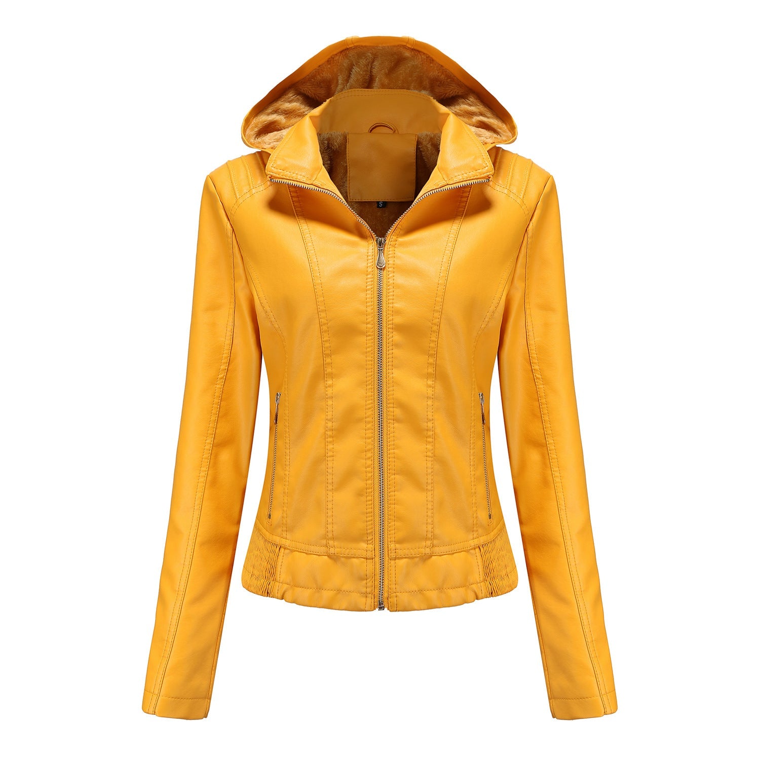 Fall Winter Hooded Leather Coat Women's Detachable Hat Long Sleeve Zipper Fleece-Lined Leather Jacket Slim Coat Wanita Store