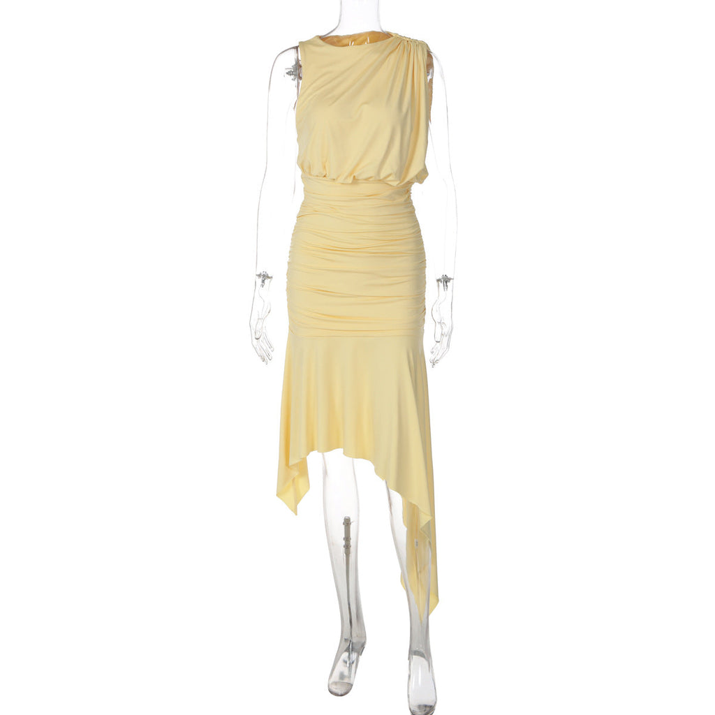 Women Clothing Summer Sleeveless Pleated Waist Tight Slimming Irregular Asymmetric Dress Bella Mia