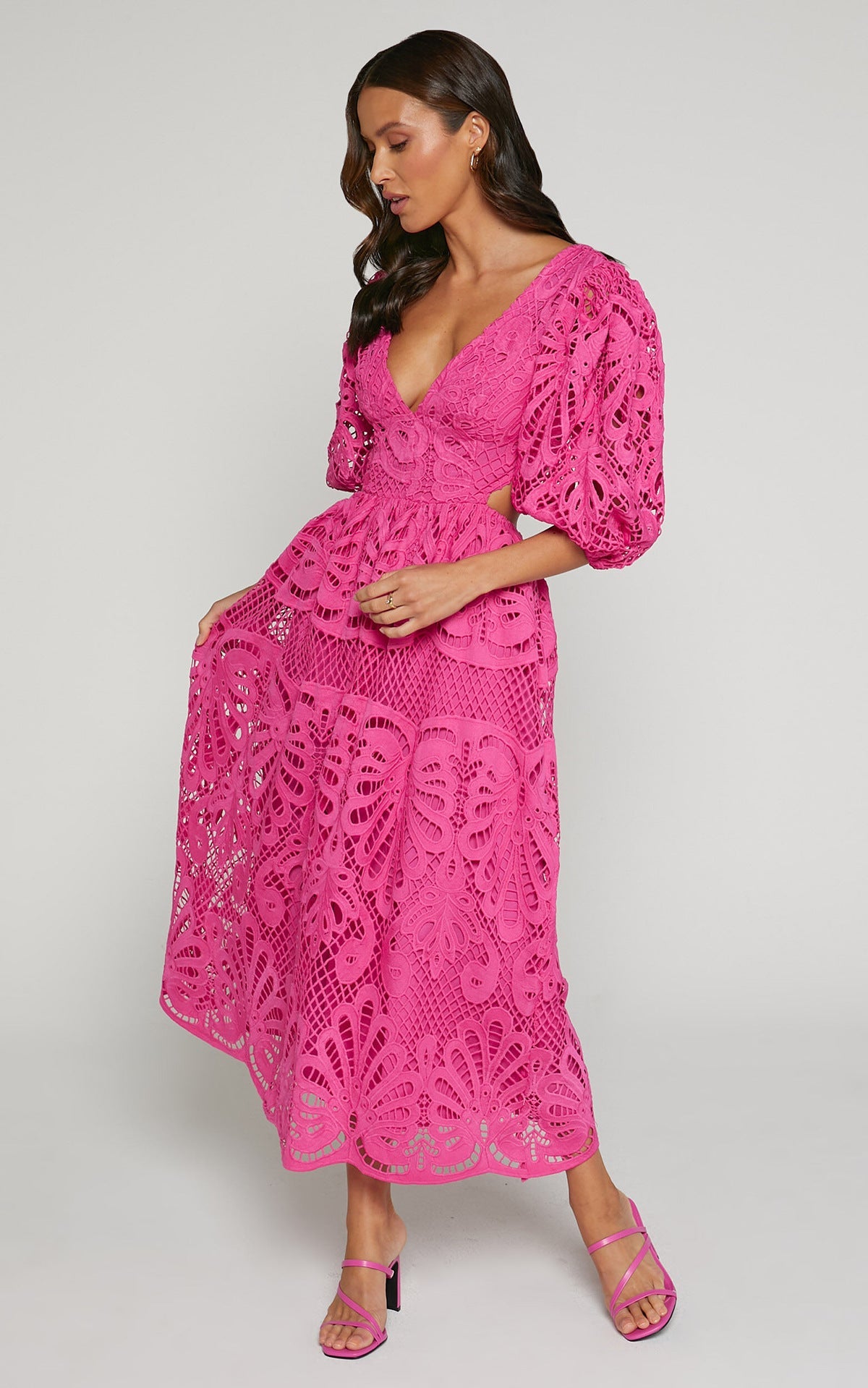 Women Clothing Hollow Out Cutout out Dress Summer V neck Lace Embroidery Sexy Waist Baring Dress Bella Mia