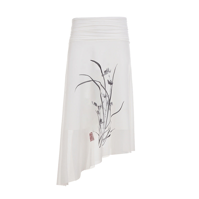Summer Arrival National Floral Printed Mesh Skirt Chinese Elegant Asymmetric Skirt Bella Mia