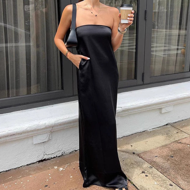 Black Sexy Tube Top Satin High Waist Loose Dress Summer Dress Women Bella Mia