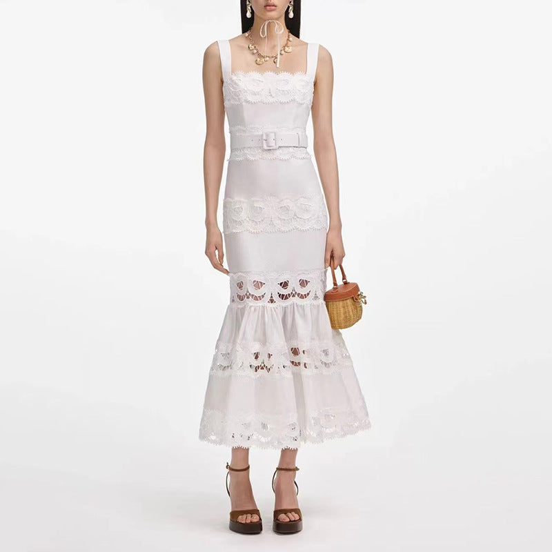 Vacation Maxi Dress Hollowed out Embroidered Strap Fishtail Design Dress Women Bella Mia