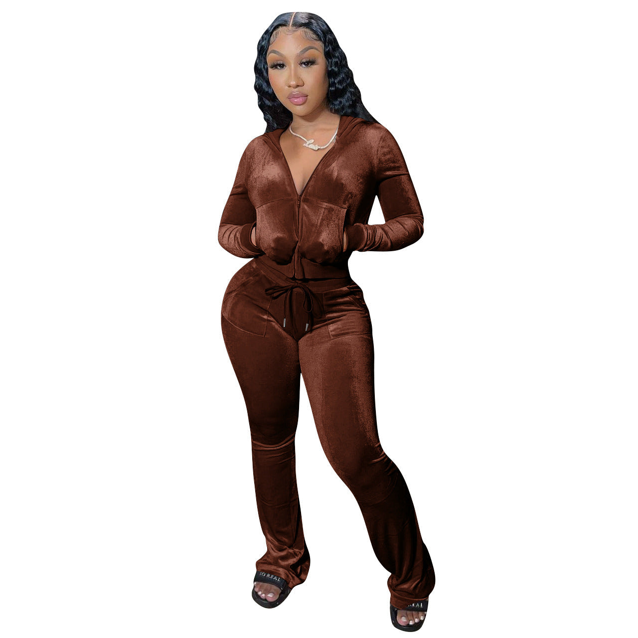 Women Clothing New Solid Color Gold Velvet Casual Hat Wide Leg Pants Two-Piece Set Wanita Store