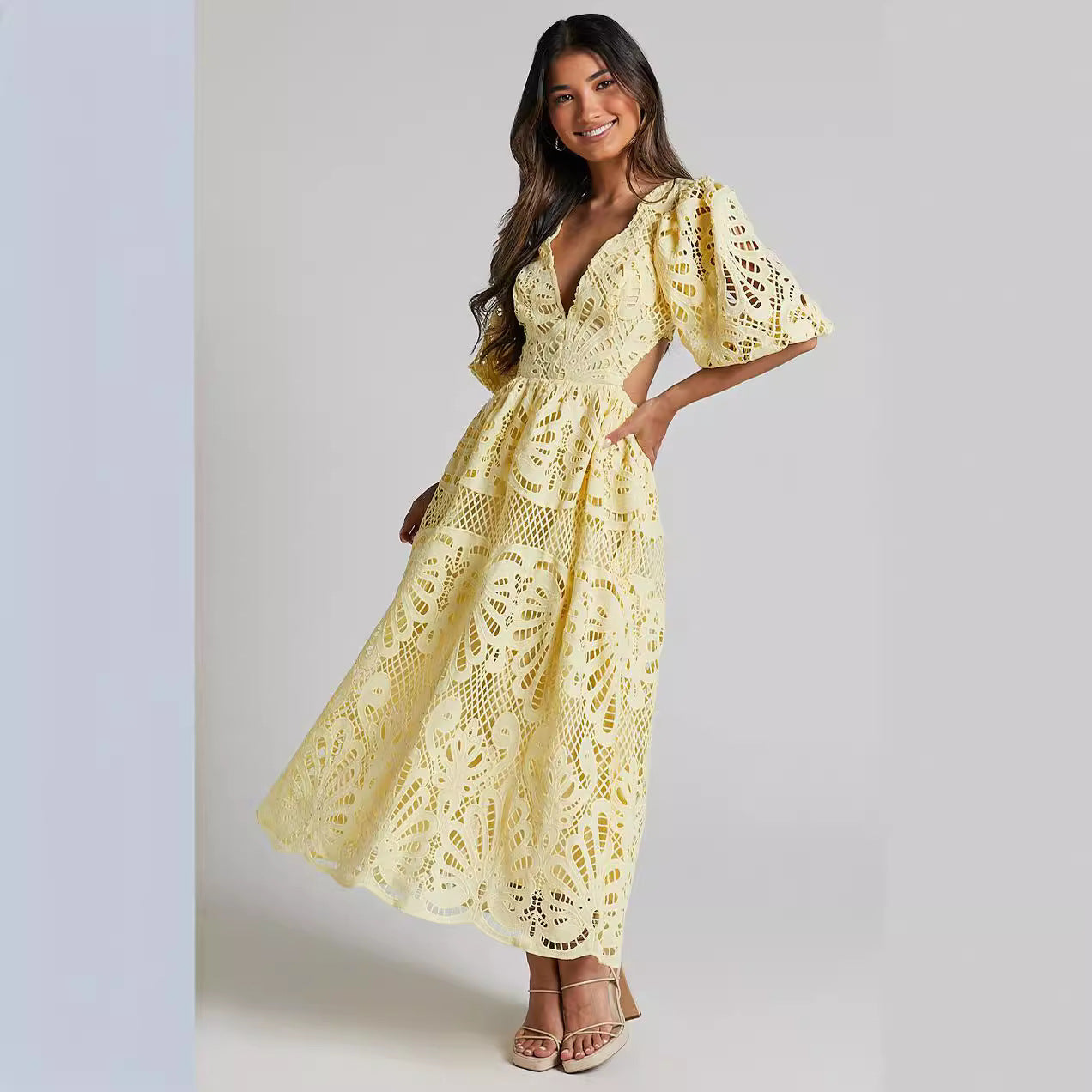 Women Clothing Hollow Out Cutout out Dress Summer V neck Lace Embroidery Sexy Waist Baring Dress Bella Mia