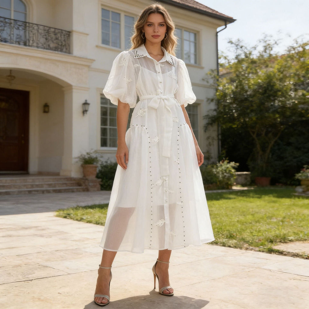 Spring Puff Sleeve Solid Color Waist Tight Collared Patchwork Maxi Dress Two Piece Elegant Dress for Women Bella Mia