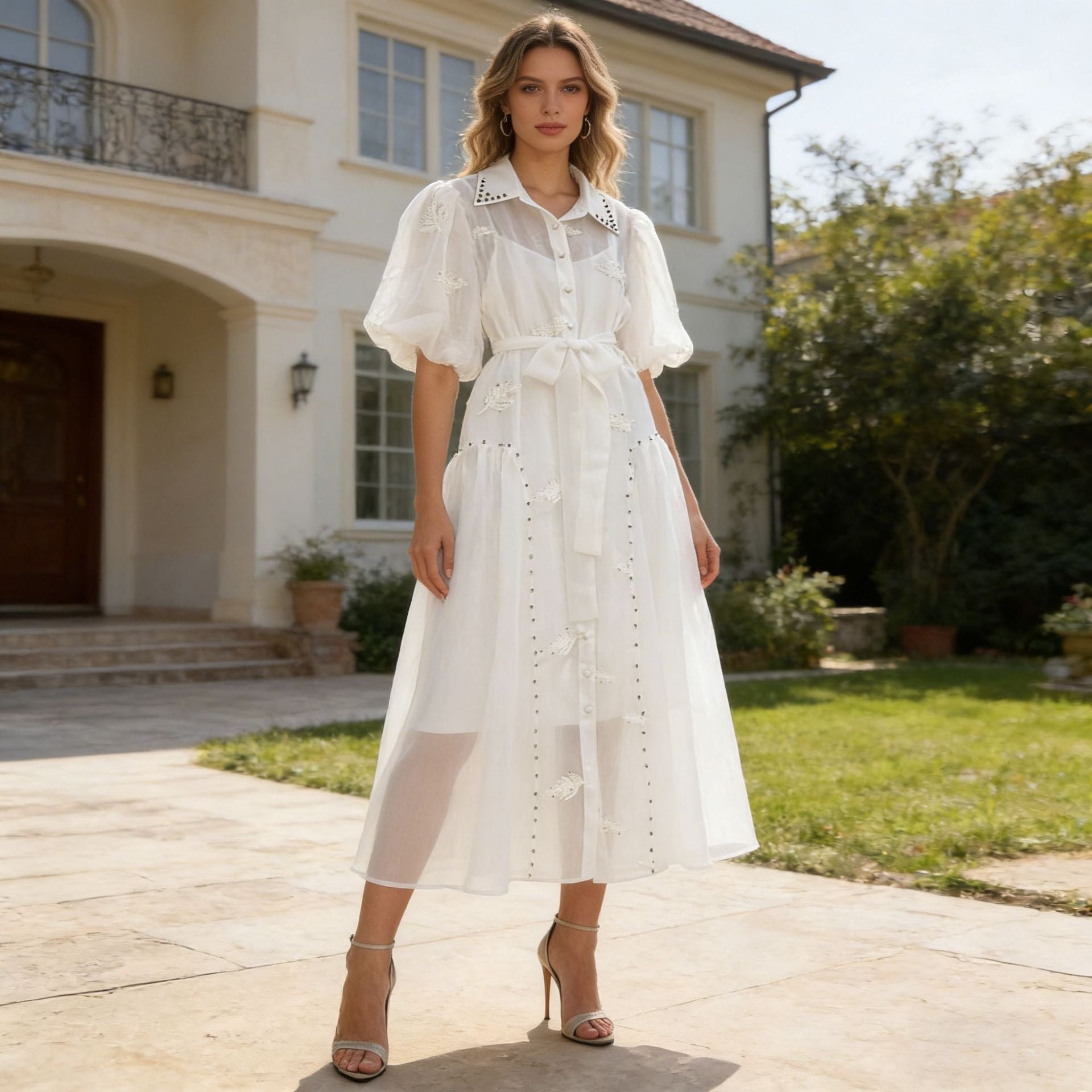 Spring Puff Sleeve Solid Color Waist Tight Collared Patchwork Maxi Dress Two Piece Elegant Dress for Women Bella Mia