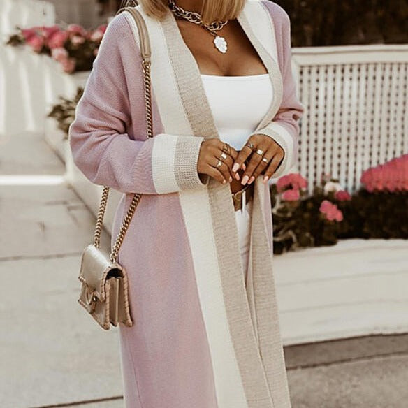 Autumn Winter Long Sweater Coat Women Color Matching Simple Elegant Loose Casual Long Cardigan Women Sweater