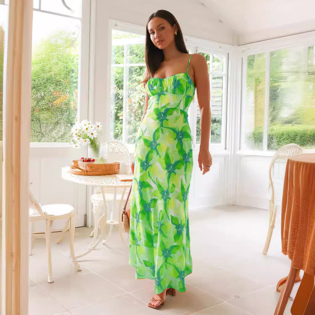 Fresh Sweet Summer Floral Print Backless Mid Length Dress Bella Mia