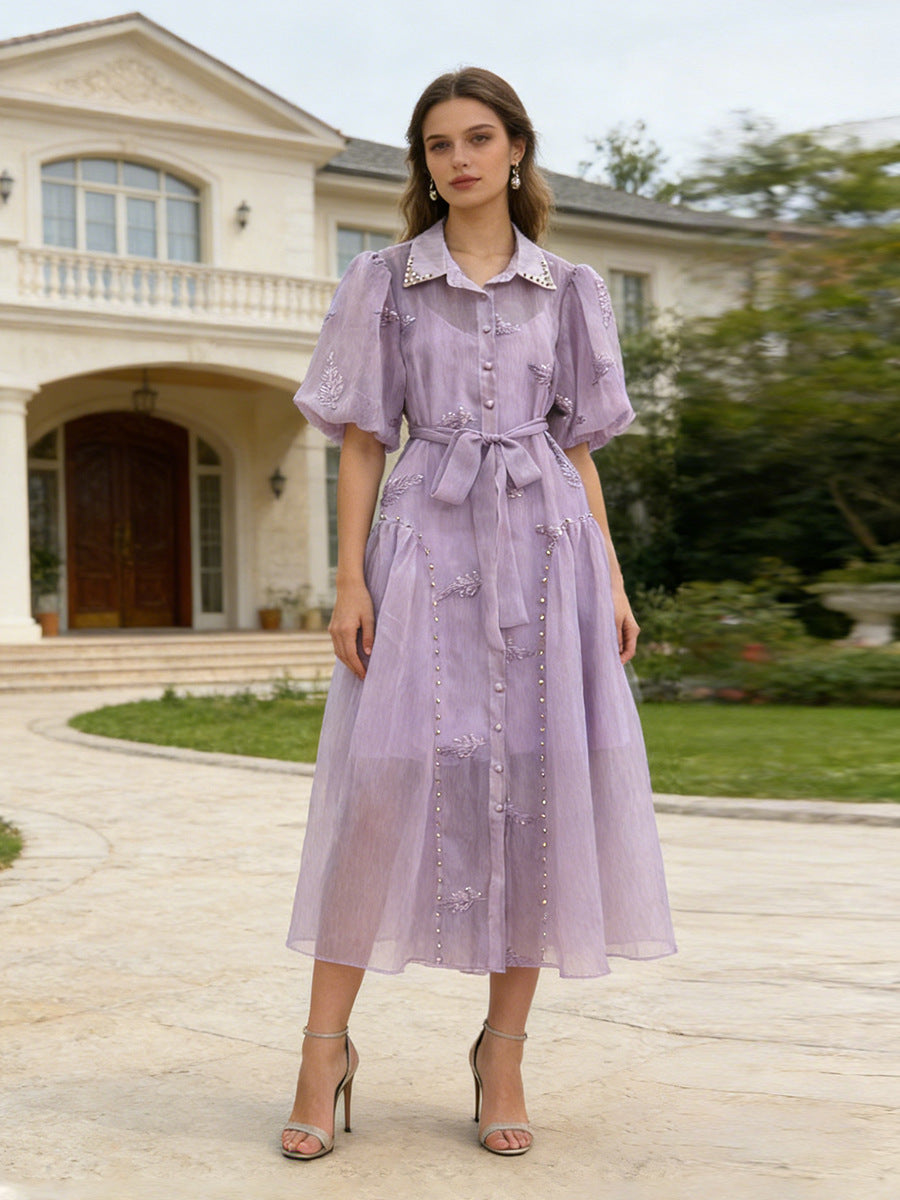 Spring Puff Sleeve Solid Color Waist Tight Collared Patchwork Maxi Dress Two Piece Elegant Dress for Women Bella Mia