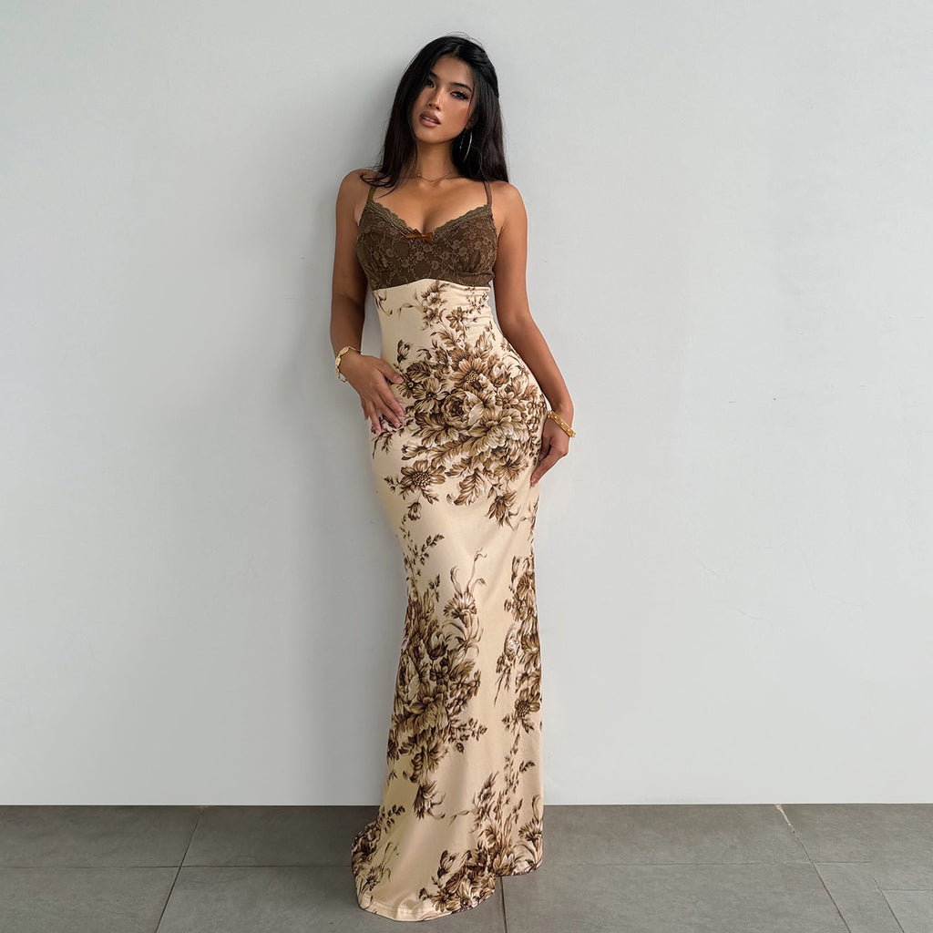 Sexy Retro Lace Stitching Chest Strap Dress French Elegant Romantic Floral Dress Bella Mia