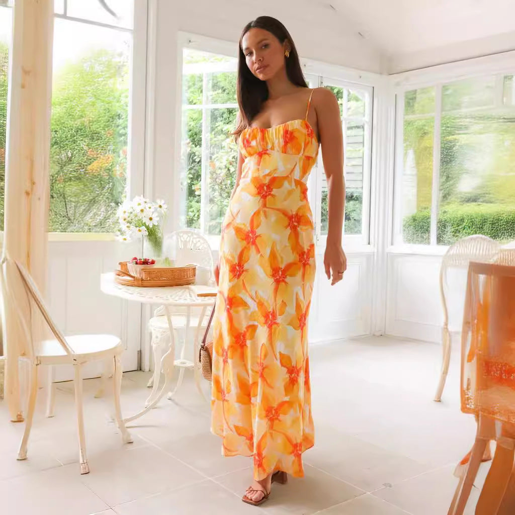 Fresh Sweet Summer Floral Print Backless Mid Length Dress Bella Mia