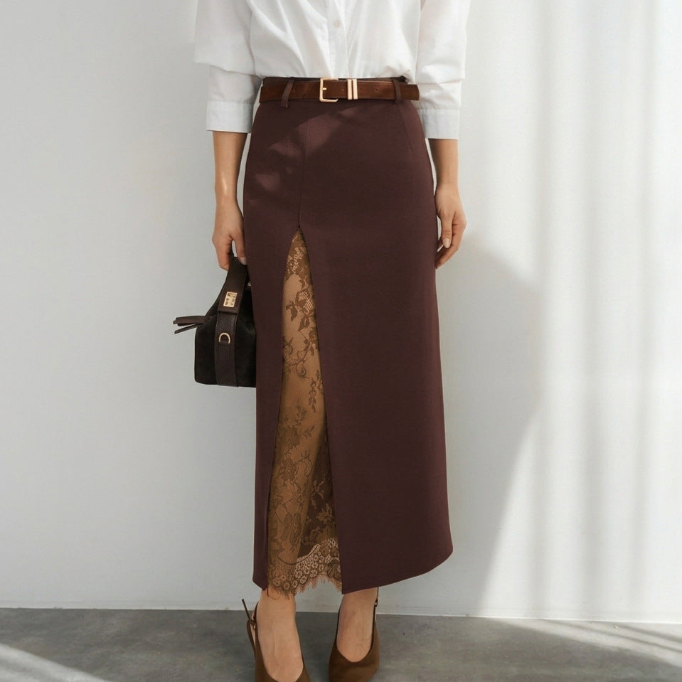 Summer Side Slit Stitching Lace Sexy See through Skirt All Matching Elegant Graceful Women Commuting Wear（Without belt） Bella Mia