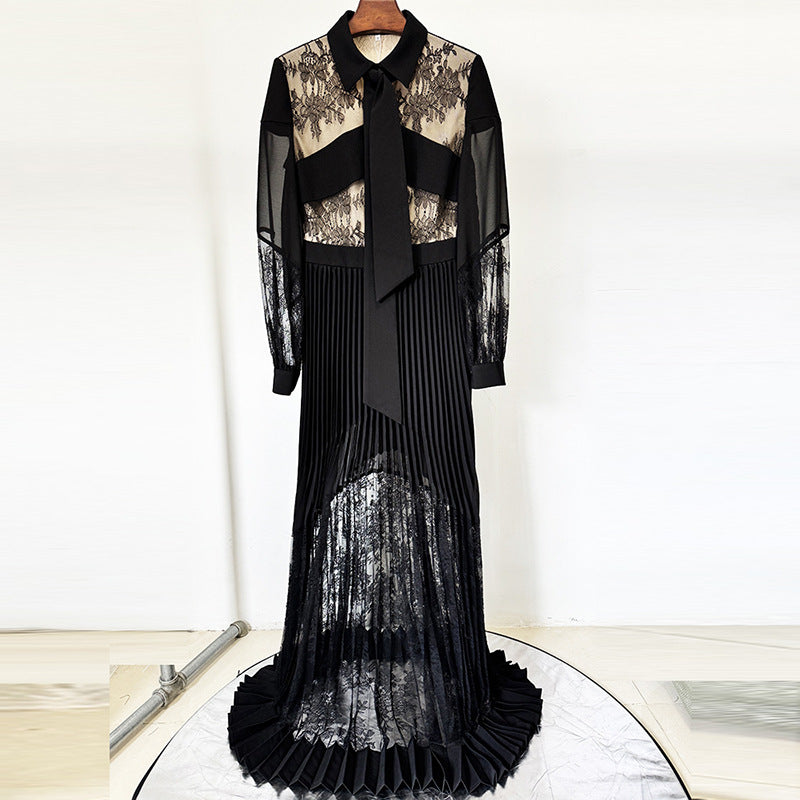 Spring Summer Star Lace Stitching Pleated Maxi Dress Floor Length Dress Bella Mia