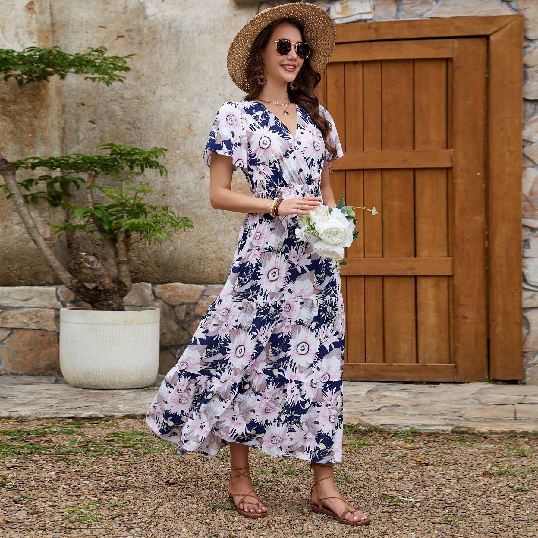 Real Shot Spring Summer Rayon Short Sleeve V neck Slim Fit Figure Flattering Maxi Dress Vacation Dress Bella Mia